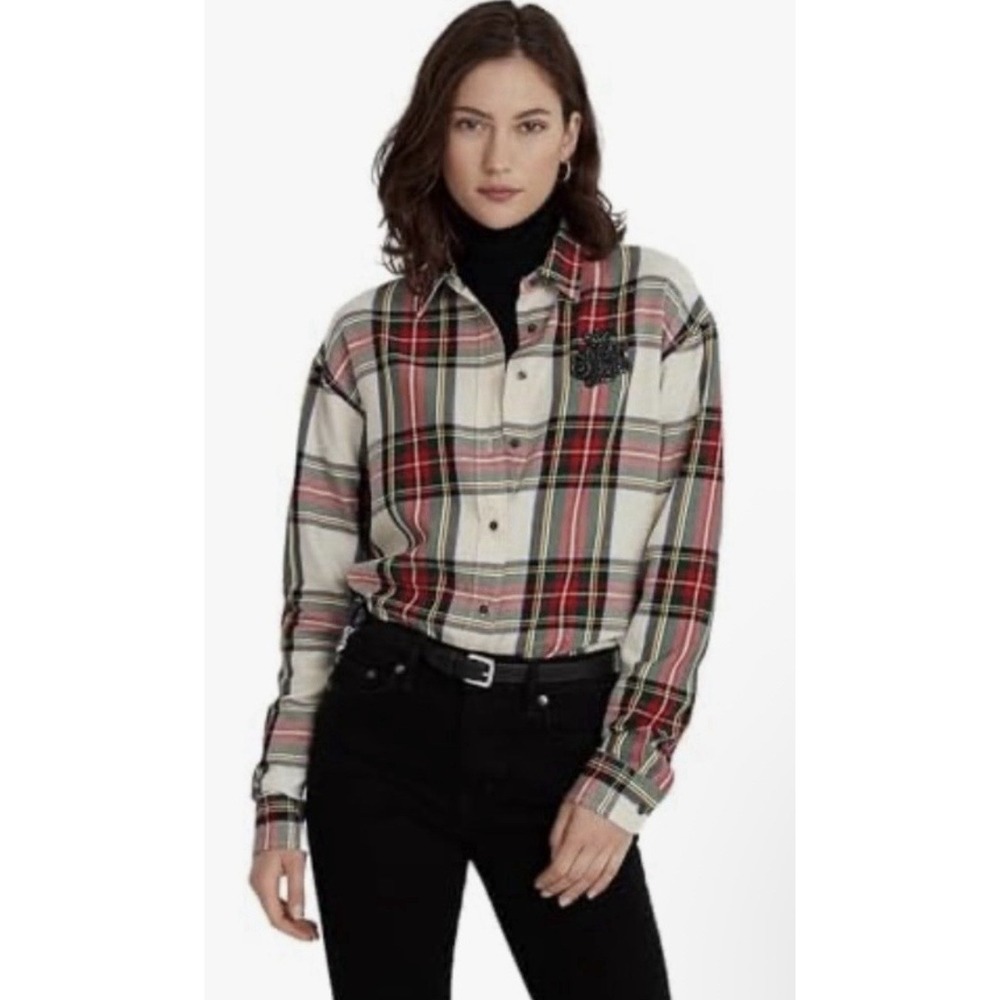 NWT Lauren Ralph Lauren Bullion Check Plaid Twill Shirt Sz XL Beaded‎ Crest